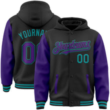 Load image into Gallery viewer, Custom Black Purple-Teal Bomber Full-Snap Varsity Letterman Two Tone Hoodie Jacket
