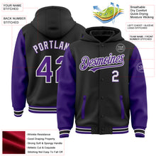 Load image into Gallery viewer, Custom Black Purple-White Bomber Full-Snap Varsity Letterman Two Tone Hoodie Jacket
