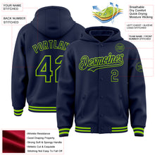 Load image into Gallery viewer, Custom Navy Neon Green Bomber Full-Snap Varsity Letterman Hoodie Jacket
