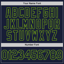 Load image into Gallery viewer, Custom Navy Neon Green Bomber Full-Snap Varsity Letterman Hoodie Jacket
