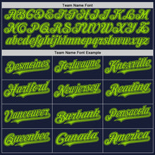 Load image into Gallery viewer, Custom Navy Neon Green Bomber Full-Snap Varsity Letterman Hoodie Jacket
