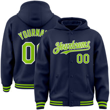 Load image into Gallery viewer, Custom Navy Neon Green-White Bomber Full-Snap Varsity Letterman Hoodie Jacket
