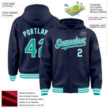 Load image into Gallery viewer, Custom Navy Aqua-White Bomber Full-Snap Varsity Letterman Hoodie Jacket
