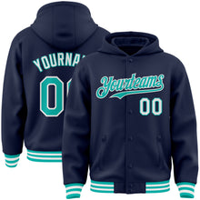Load image into Gallery viewer, Custom Navy Aqua-White Bomber Full-Snap Varsity Letterman Hoodie Jacket
