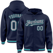 Load image into Gallery viewer, Custom Navy Gray-Teal Bomber Full-Snap Varsity Letterman Hoodie Jacket
