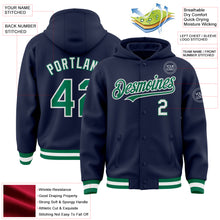 Load image into Gallery viewer, Custom Navy Kelly Green-White Bomber Full-Snap Varsity Letterman Hoodie Jacket
