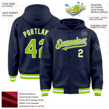 Load image into Gallery viewer, Custom Navy Neon Green-White Bomber Full-Snap Varsity Letterman Hoodie Jacket
