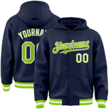 Load image into Gallery viewer, Custom Navy Neon Green-White Bomber Full-Snap Varsity Letterman Hoodie Jacket
