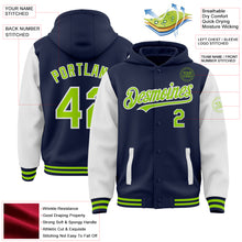 Load image into Gallery viewer, Custom Navy Neon Green-White Bomber Full-Snap Varsity Letterman Two Tone Hoodie Jacket
