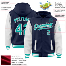 Load image into Gallery viewer, Custom Navy Aqua-White Bomber Full-Snap Varsity Letterman Two Tone Hoodie Jacket
