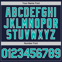 Load image into Gallery viewer, Custom Navy Aqua-White Bomber Full-Snap Varsity Letterman Two Tone Hoodie Jacket
