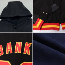 Load image into Gallery viewer, Custom Navy Pink-White Bomber Full-Snap Varsity Letterman Two Tone Hoodie Jacket
