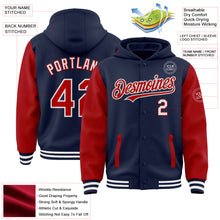 Загрузить изображение в средство просмотра галереи, Custom Navy Red-White Bomber Full-Snap Varsity Letterman Two Tone Hoodie Jacket
