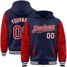 Загрузить изображение в средство просмотра галереи, Custom Navy Red-White Bomber Full-Snap Varsity Letterman Two Tone Hoodie Jacket
