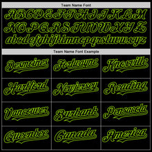 Laden Sie das Bild in den Galerie-Viewer, Custom Black Neon Green Bomber Full-Snap Varsity Letterman Lapel Collar Byron Jacket
