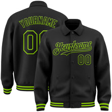 Laden Sie das Bild in den Galerie-Viewer, Custom Black Neon Green Bomber Full-Snap Varsity Letterman Lapel Collar Byron Jacket
