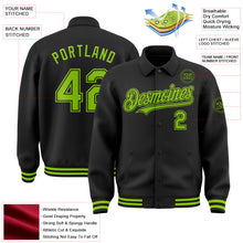 Laden Sie das Bild in den Galerie-Viewer, Custom Black Neon Green Bomber Full-Snap Varsity Letterman Lapel Collar Byron Jacket

