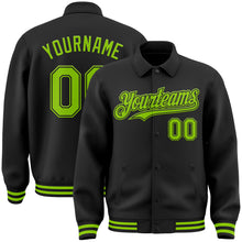 Laden Sie das Bild in den Galerie-Viewer, Custom Black Neon Green Bomber Full-Snap Varsity Letterman Lapel Collar Byron Jacket
