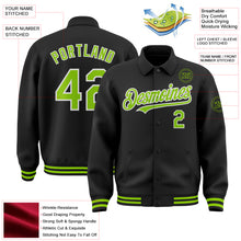 Laden Sie das Bild in den Galerie-Viewer, Custom Black Neon Green-White Bomber Full-Snap Varsity Letterman Lapel Collar Byron Jacket
