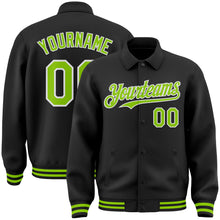 Laden Sie das Bild in den Galerie-Viewer, Custom Black Neon Green-White Bomber Full-Snap Varsity Letterman Lapel Collar Byron Jacket
