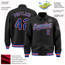 Laden Sie das Bild in den Galerie-Viewer, Custom Black Royal-Red Bomber Full-Snap Varsity Letterman Lapel Collar Byron Jacket
