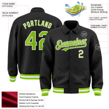 Laden Sie das Bild in den Galerie-Viewer, Custom Black Neon Green-White Bomber Full-Snap Varsity Letterman Lapel Collar Byron Jacket
