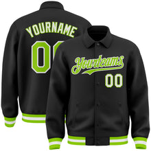 Laden Sie das Bild in den Galerie-Viewer, Custom Black Neon Green-White Bomber Full-Snap Varsity Letterman Lapel Collar Byron Jacket
