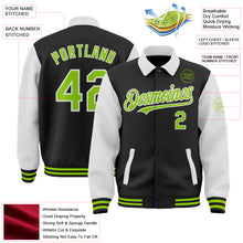 Laden Sie das Bild in den Galerie-Viewer, Custom Black Neon Green-White Bomber Full-Snap Varsity Letterman Two Tone Lapel Collar Byron Jacket
