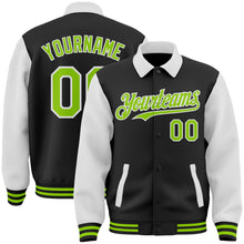 Laden Sie das Bild in den Galerie-Viewer, Custom Black Neon Green-White Bomber Full-Snap Varsity Letterman Two Tone Lapel Collar Byron Jacket
