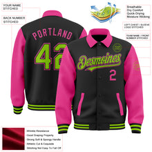 Laden Sie das Bild in den Galerie-Viewer, Custom Black Neon Green-Pink Bomber Full-Snap Varsity Letterman Two Tone Lapel Collar Byron Jacket
