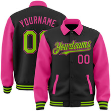 Laden Sie das Bild in den Galerie-Viewer, Custom Black Neon Green-Pink Bomber Full-Snap Varsity Letterman Two Tone Lapel Collar Byron Jacket
