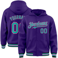 Charger l&#39;image dans la galerie, Custom Purple Aqua Pink-Black Bomber Full-Snap Varsity Letterman Hoodie Jacket
