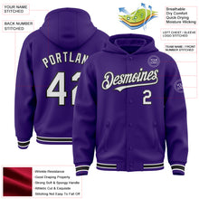 Charger l&#39;image dans la galerie, Custom Purple White-Black Bomber Full-Snap Varsity Letterman Hoodie Jacket

