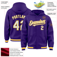 Charger l&#39;image dans la galerie, Custom Purple White-Gold Bomber Full-Snap Varsity Letterman Hoodie Jacket
