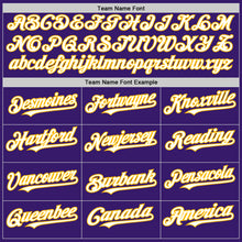 Charger l&#39;image dans la galerie, Custom Purple White-Gold Bomber Full-Snap Varsity Letterman Hoodie Jacket
