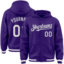 Charger l&#39;image dans la galerie, Custom Purple White Bomber Full-Snap Varsity Letterman Hoodie Jacket
