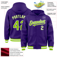 Charger l&#39;image dans la galerie, Custom Purple Neon Green-White Bomber Full-Snap Varsity Letterman Hoodie Jacket
