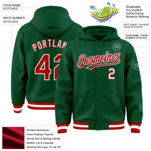 Load image into Gallery viewer, Custom Kelly Green Red-White Bomber Full-Snap Varsity Letterman Hoodie Jacket
