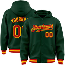 Load image into Gallery viewer, Custom Green Red-Gold Bomber Full-Snap Varsity Letterman Hoodie Jacket
