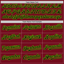 Laden Sie das Bild in den Galerie-Viewer, Custom Crimson Black-Neon Green Bomber Full-Snap Varsity Letterman Hoodie Jacket
