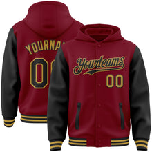 Load image into Gallery viewer, Custom Crimson Black-Old Gold Bomber Full-Snap Varsity Letterman Two Tone Hoodie Jacket
