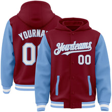 Load image into Gallery viewer, Custom Crimson White-Light Blue Bomber Full-Snap Varsity Letterman Two Tone Hoodie Jacket
