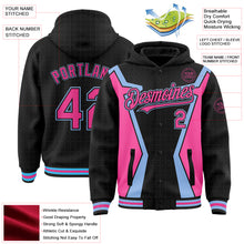 Load image into Gallery viewer, Custom Black Pink-Light Blue Arrow 3D Pattern Design Bomber Full-Snap Varsity Letterman Hoodie Jacket
