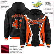 Load image into Gallery viewer, Custom Black Orange-White Arrow 3D Pattern Design Bomber Full-Snap Varsity Letterman Hoodie Jacket

