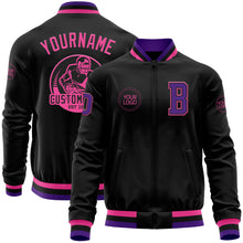 Load image into Gallery viewer, Custom Black Purple-Pink Bomber Varsity Letterman Zipper Jacket
