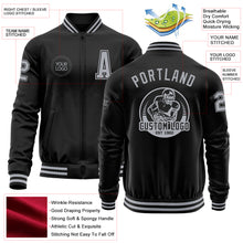 Load image into Gallery viewer, Custom Black Gray Bomber Varsity Letterman Zipper Jacket
