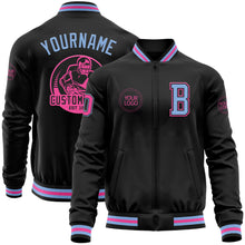 Load image into Gallery viewer, Custom Black Light Blue-Pink Bomber Varsity Letterman Zipper Jacket
