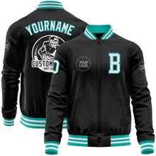 Загрузить изображение в средство просмотра галереи, Custom Black White-Aqua Bomber Varsity Letterman Zipper Jacket
