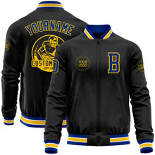 Загрузить изображение в средство просмотра галереи, Custom Black Royal-Yellow Bomber Varsity Letterman Zipper Jacket
