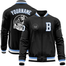 Load image into Gallery viewer, Custom Black Light Blue-White Bomber Varsity Letterman Zipper Jacket
